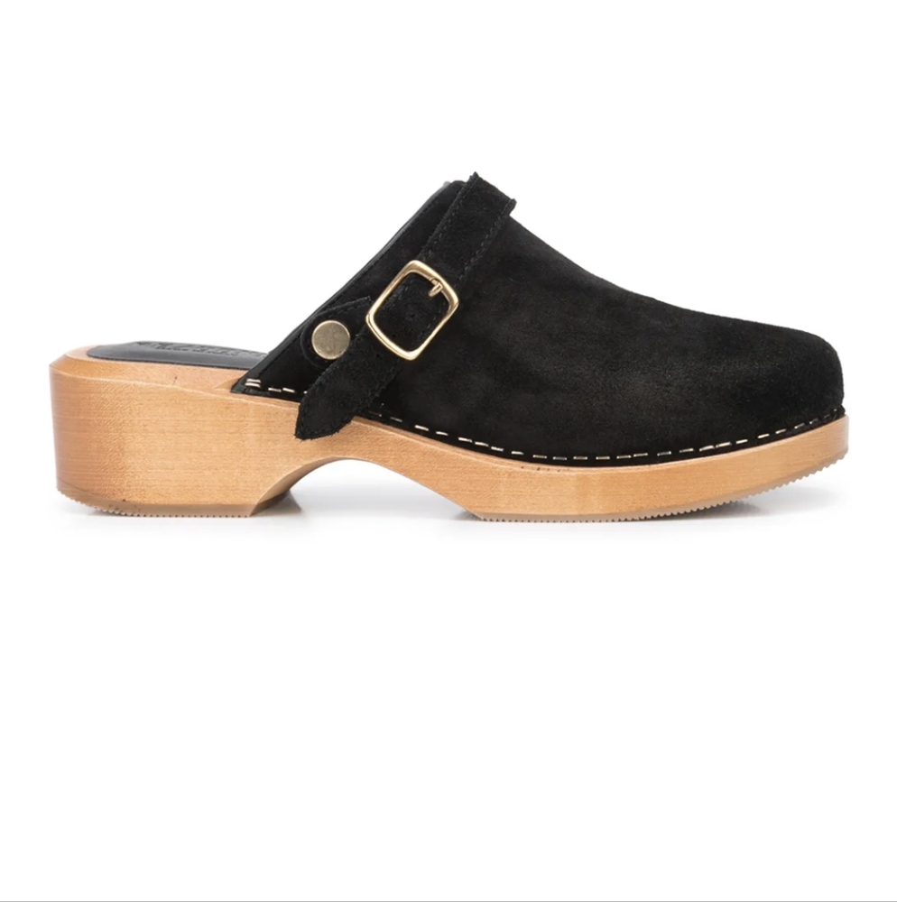 Re/Done Black Suede Clogs with Wooden Sole